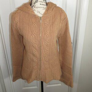 J.Crew Wool Full Zip Hoodie Cardigan Sweater Light Brown Cable Knit Small